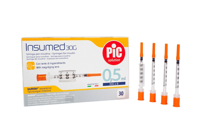 Шприц інсуліновий 0,5 мл з інтегральною голкою 30G (0,3x8мм) Insumed PIC INSUMED U-100 (30 шт)
