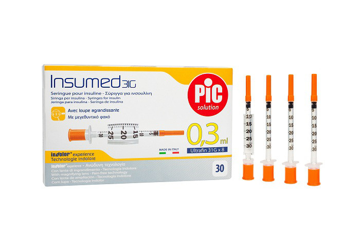 Шприц інсуліновий 0,3мл, з інтегральною голкою 30G (0,3x8мм) Insumed PIC INSUMED U-100 (30 шт)