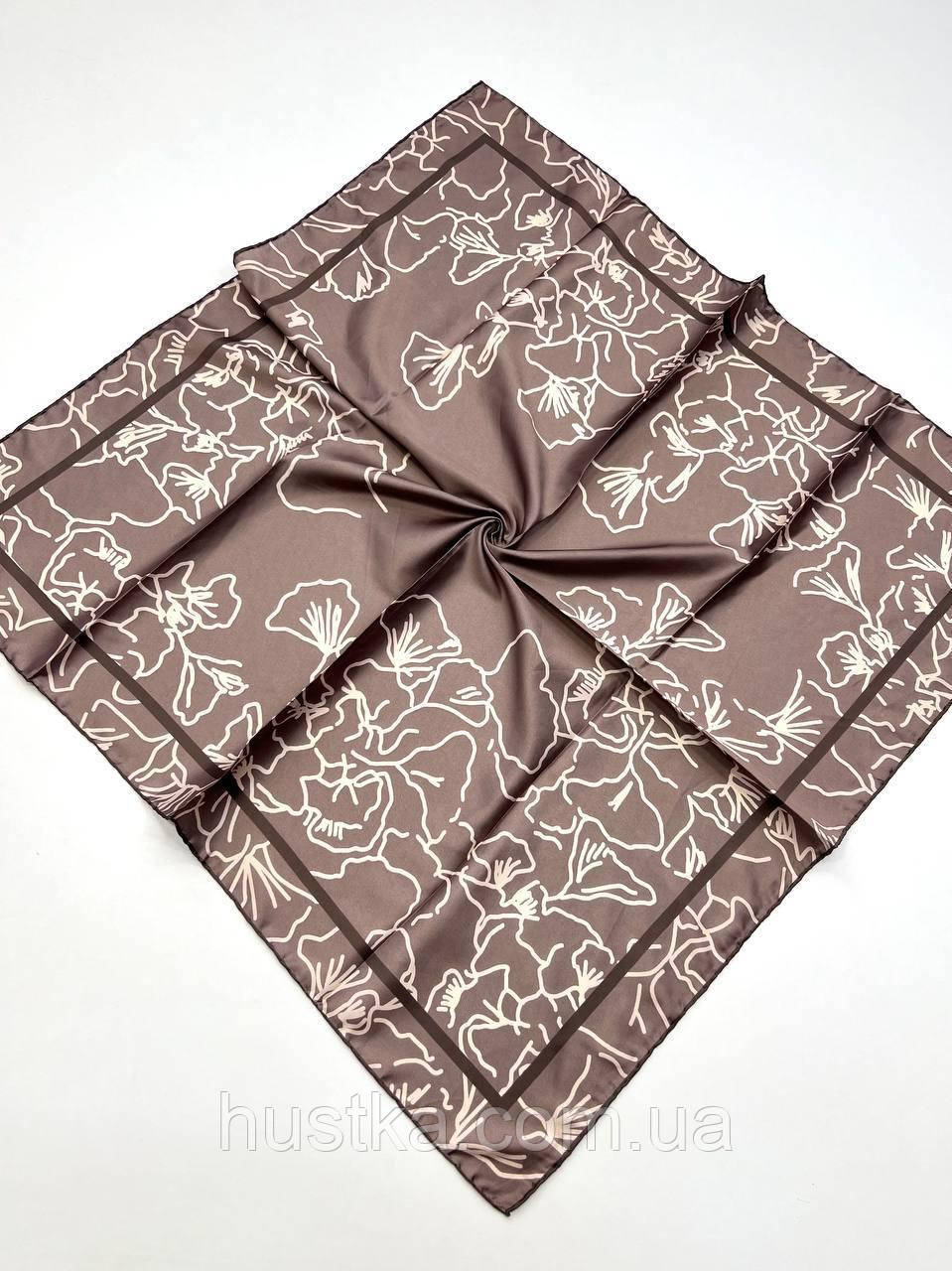 Шовкова хустка Береніс 90*90 см коричнева ручна обробка краю