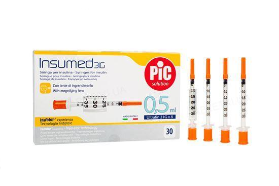Шприц інсуліновий 0,5 мл з інтегральною голкою 31G (0,25x8мм) Insumed PIC INSUMED U-100 (30 шт)