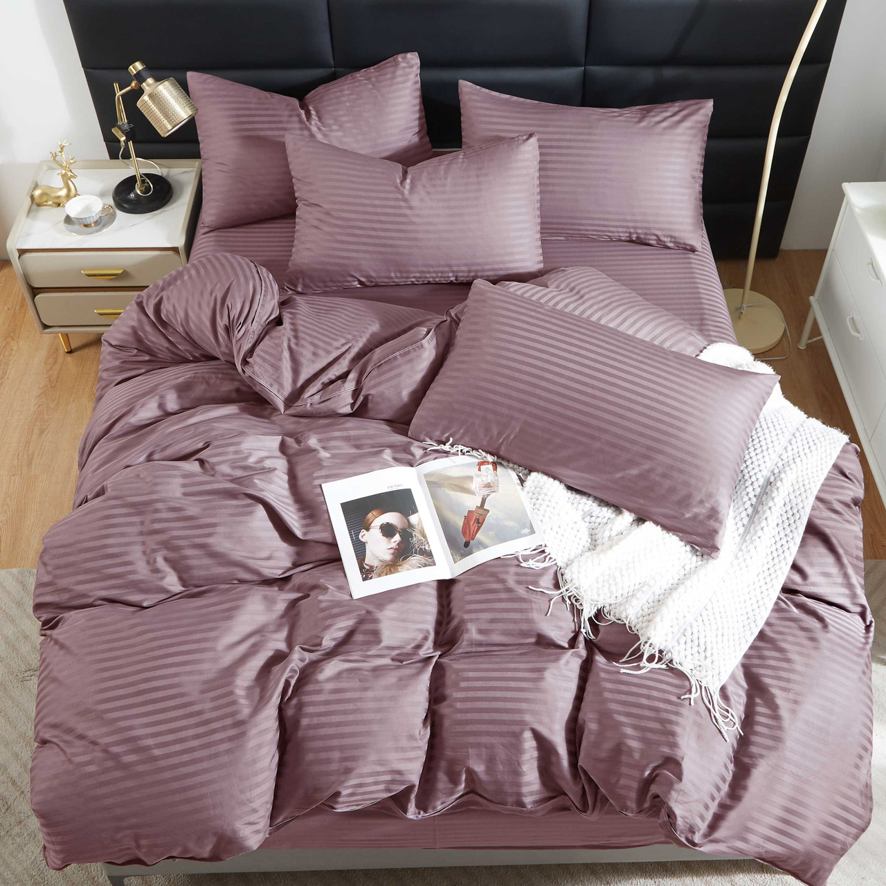Простирадло 150х220 (Страйп Сатин) | Полуторне простирадло від виробника "Королева Ночі" | Коричнево-фіолетовий страйп сатин, фото 1