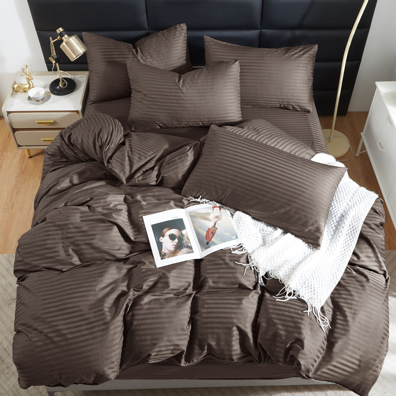 Підковдра на блискавці 145х215 (Страйп Сатин) | Полуторна підковдра від виробника "Королева Ночі" | Коричневий страйп сатин, фото 1