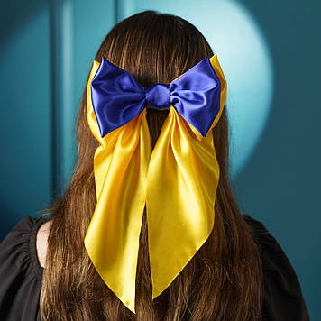 Бант для волосся синьо-жовтий атлас 19*33 см