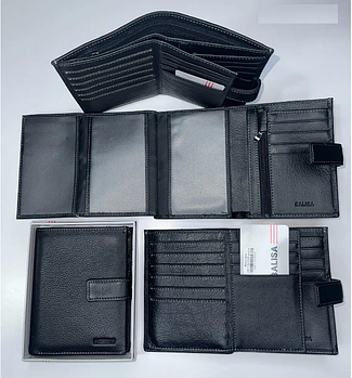 Гаманець чоловічий чорний 14*10,5 см на кнопці із натуральної шкіри Balisa
