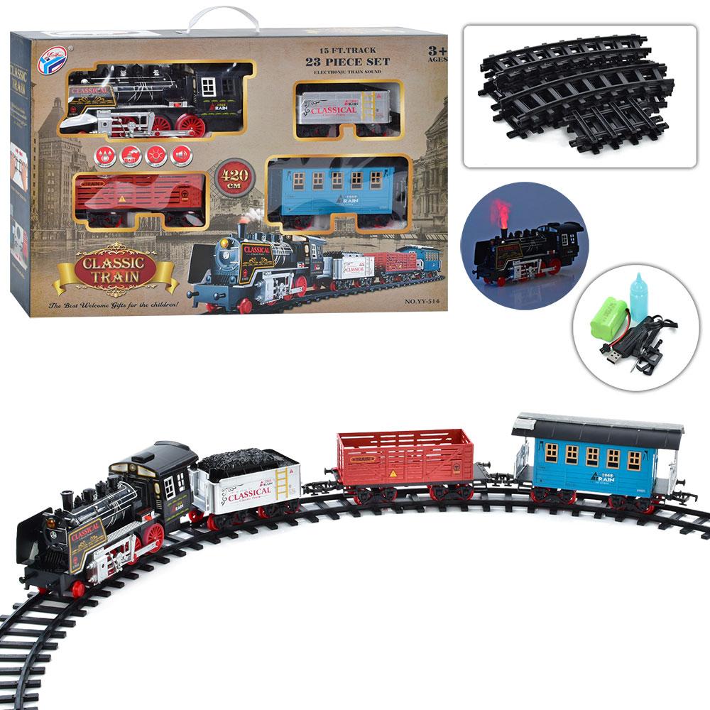 Залізниця YY-514 дл. шляху 420см., Локомотив, вагон 3шт., Дим, акум., USB, муз., Світло, Кор., 63-43,5-11см, фото 1