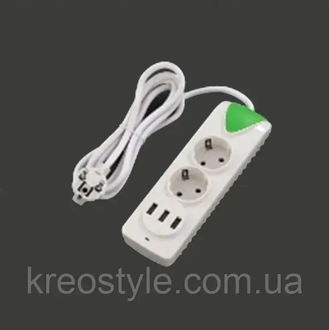 Мережевий подовжувач 2 розетки 3 USB 2 метри 10A Білий