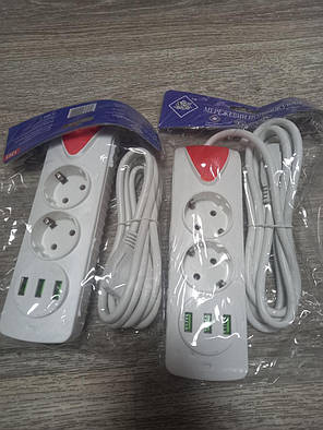 Мережевий подовжувач 2 розетки 3 USB 2 метри 10A Білий, фото 3