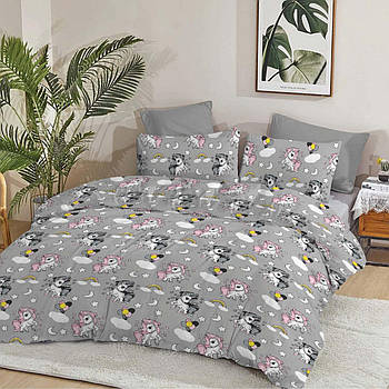 Простирадло 150х220 (Бязь) | Полуторне простирадло від виробника "Королева Ночі" | Однороги на сірому