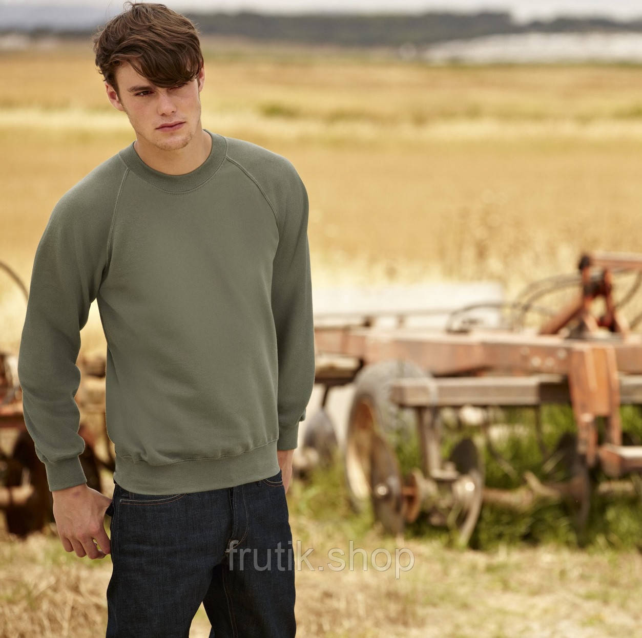 Чоловічий світшот з начосом на тонкому флісі Classic Raglan Sweat реглан светр жіноча Оливковий, S