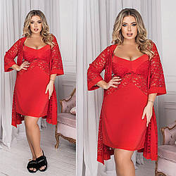 Красивий жіночий червоний батальний мереживний домашній комплект-двійка: Нічна сорочка та пеньюар з гіпюром