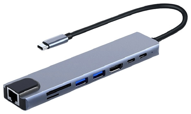 USB Хаб 8 в 1 Type-C to HDMI + USB 3.0 + USB 2.0 + Type-C + RJ45 + SD/TF + PD 65W TRY PLUG сірий