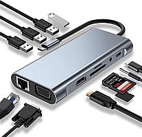 USB Хаб 11 в 1 Type-C to HDMI + VGA + RJ45 + 3.5 mm + TF/SD + USB2.0*3 + USB3.0 + USB-C PD 87W TRY PLUG сірий