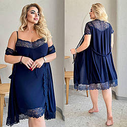 Красивий синій батальний мереживний домашній трикотажний комплект-двійка: Нічна сорочка і пеньюар
