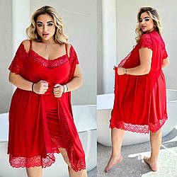 Красивий жіночий червоний батальний мереживний домашній трикотажний комплект-двійка: Нічна сорочка і пеньюар
