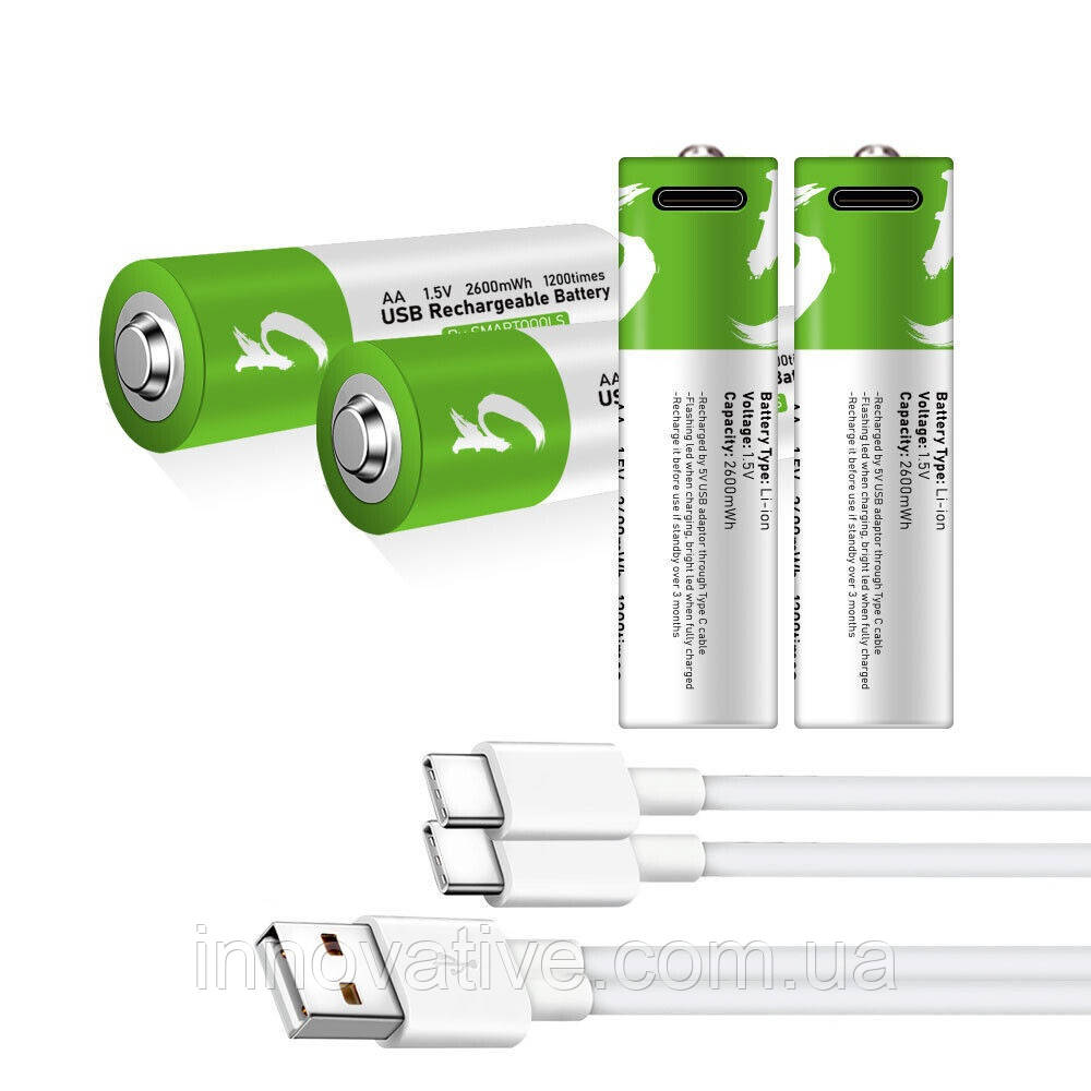 Акумуляторні батареї АА Smartoools 4 шт. 1733 mah 1.5V із зарядкою Type-C (Зелений)