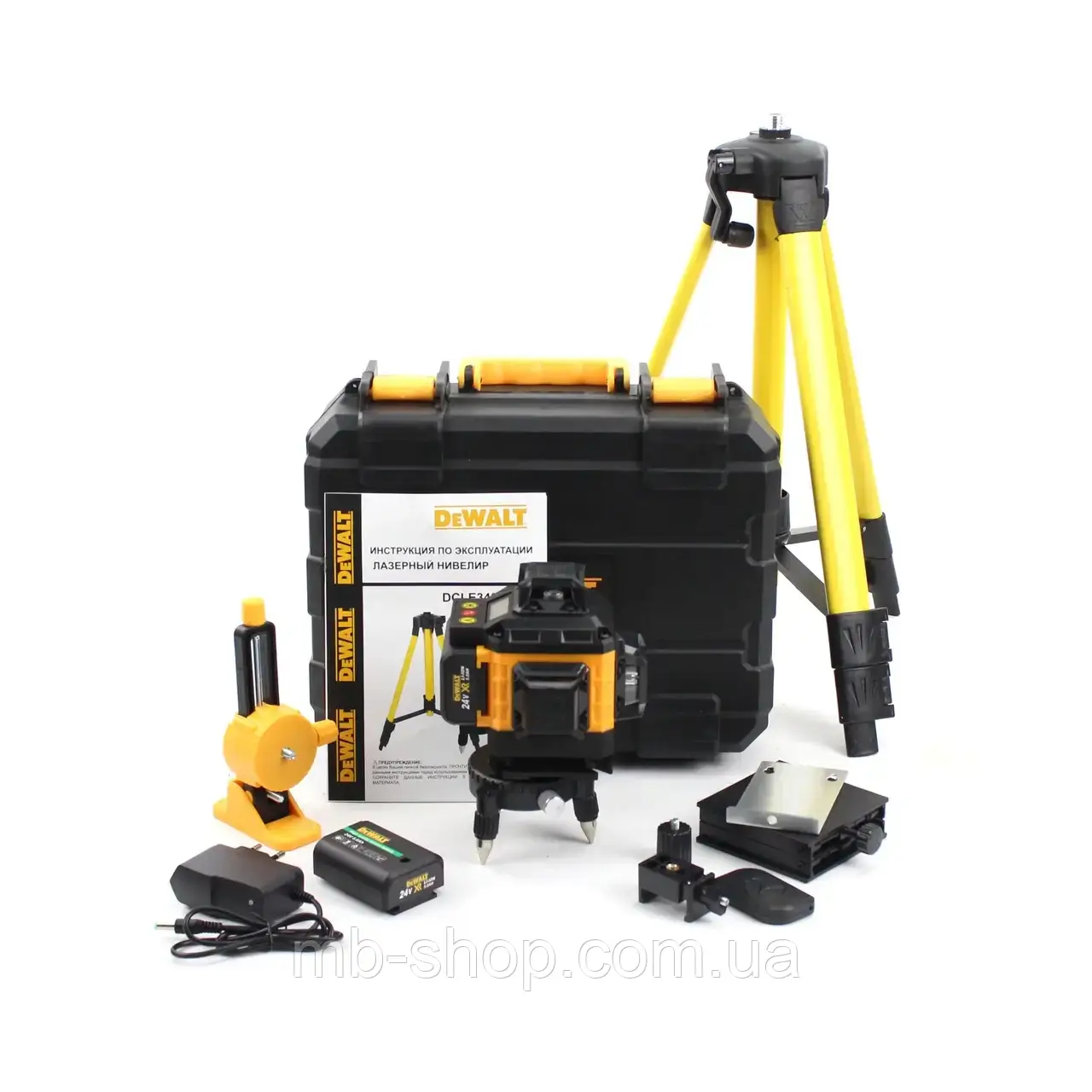 Акумуляторний лазерний нівелір DeWalt DCLE34031N 3D-4D рівень (24V, 5AH). АКБ рівень зі штативом Деволт