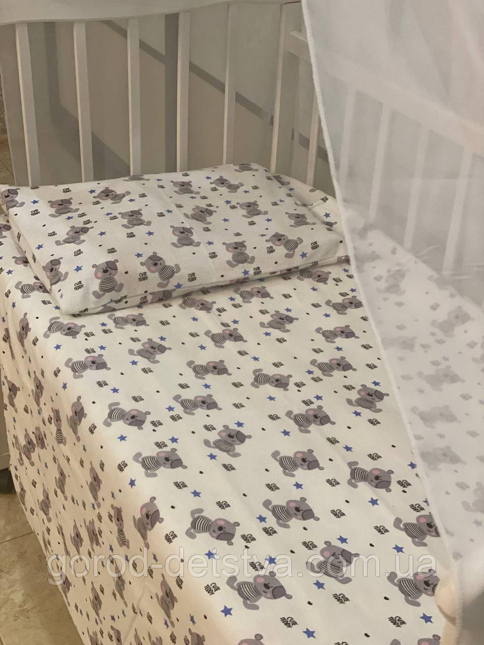 Комплект байкової  постільної білизни в дитяче ліжечко 120*60 см наволочка підковдра простирадло Байка, фото 1