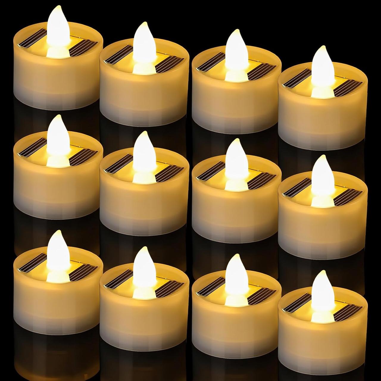 WIGUROE 12 світлодіодних чайних свічок, сонячні свічки, без полум'яні мерехтливі чайні свічки, реалістичні та яскраві електричні, фото 1