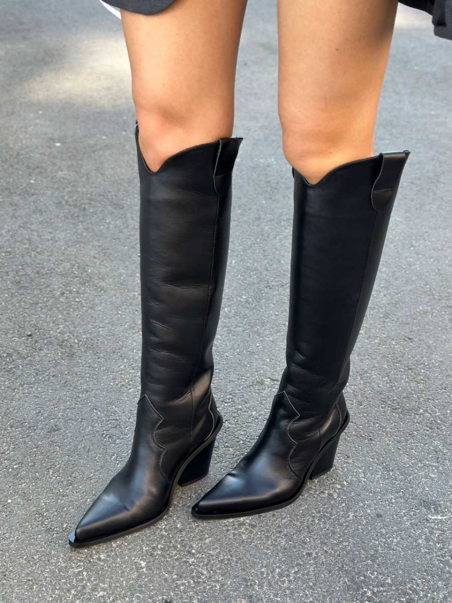 Чоботи казаки жіночі шкіряні чорні демісезонні, фото 1