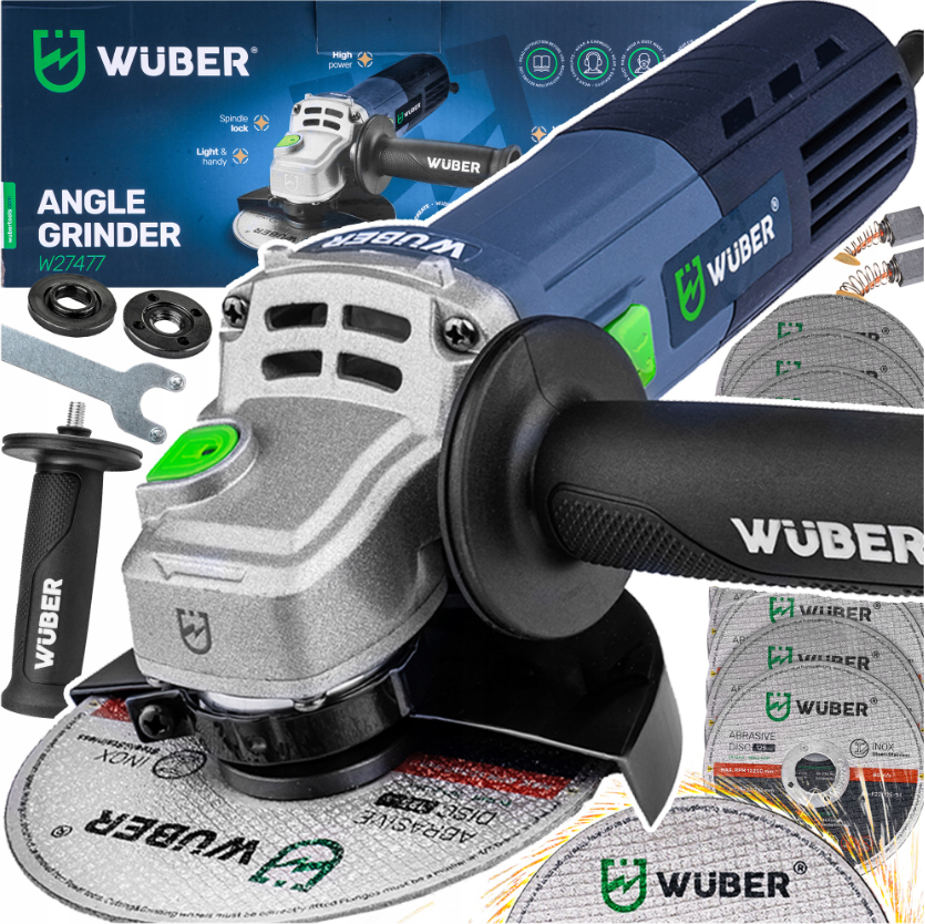 Болгарка (кутова шліфувальна машина) Wuber 1600Вт 125мм + набір 10 дисків 125мм (Польща), фото 1