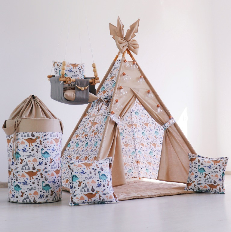 Дитячий вігвам Динозаврики з ковриком + кошик для іграшок + підвісна гойдалка. Повний комплект !