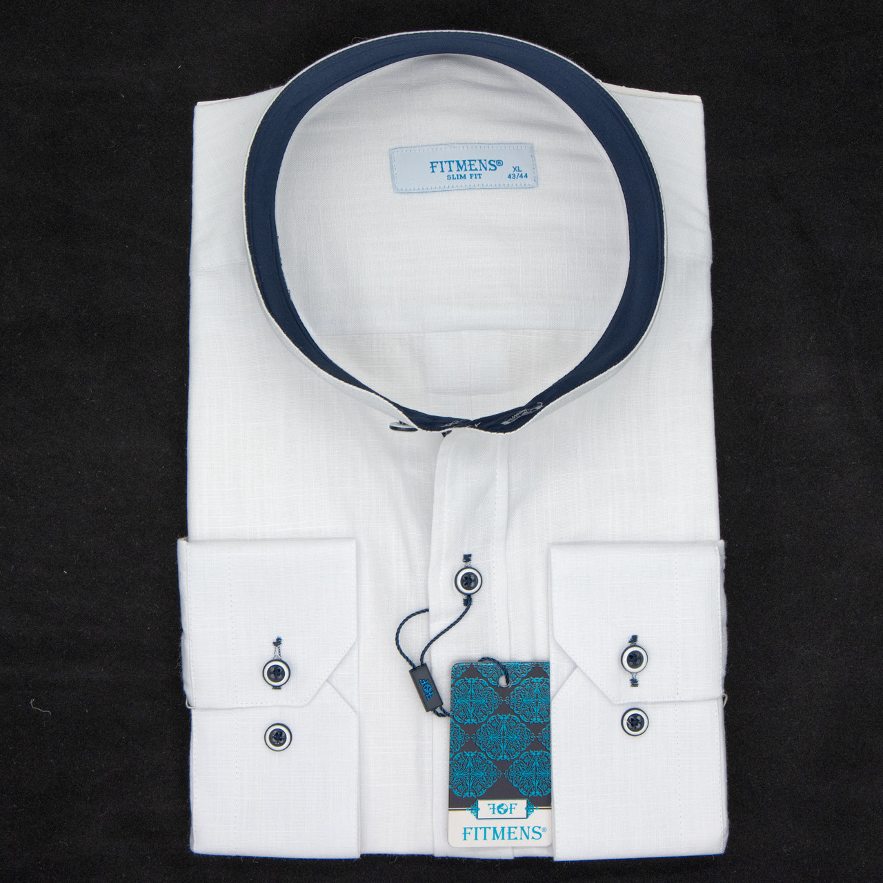 Сорочка чоловіча, приталена (Slim Fit), з довгим рукавом, FITMENS FS-001595 Beyaz Lacivert 100% льон L(Р)