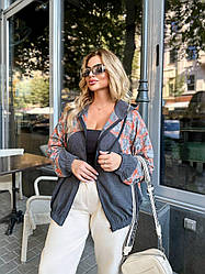 Жіноча модна демісезонна куртка вельветовий бомбер стильна сорочка в клітинку вовна великі розміри батал графіт, 60/64