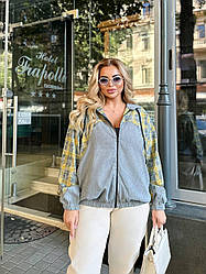 Жіноча модна демісезонна куртка вельветовий бомбер стильна сорочка в клітинку вовна великі розміри батал Сірий, 48/52