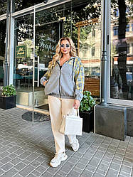 Жіноча модна демісезонна куртка вельветовий бомбер стильна сорочка в клітинку вовна великі розміри батал Сірий, 60/64