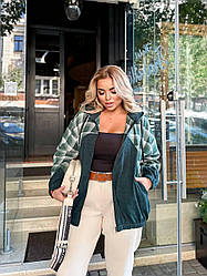 Жіноча модна демісезонна куртка вельветовий бомбер стильна сорочка в клітинку вовна великі розміри батал Пляшка, 48/52