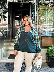 Жіноча модна демісезонна куртка вельветовий бомбер стильна сорочка в клітинку вовна великі розміри батал Пляшка, 60/64