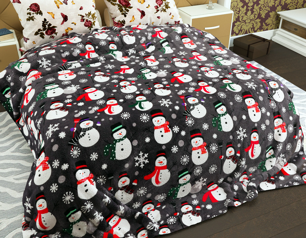 Гарний новорічний флісовий плед покривало Сніговики та сніжинки 200х220 двоспальний євро розмір сірого кольору