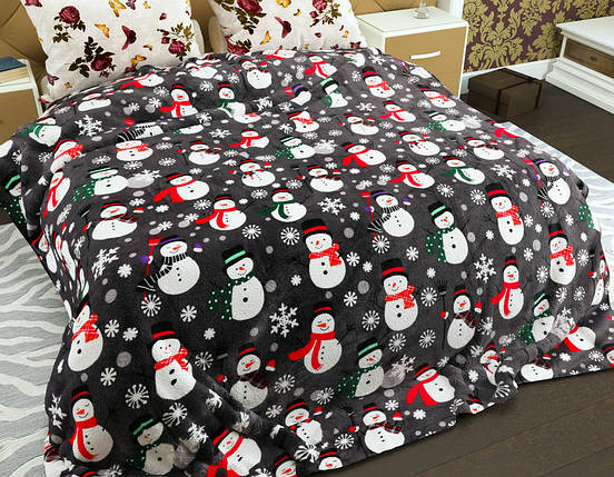 Гарний новорічний флісовий плед покривало Сніговики та сніжинки 200х220 двоспальний євро розмір сірого кольору, фото 1