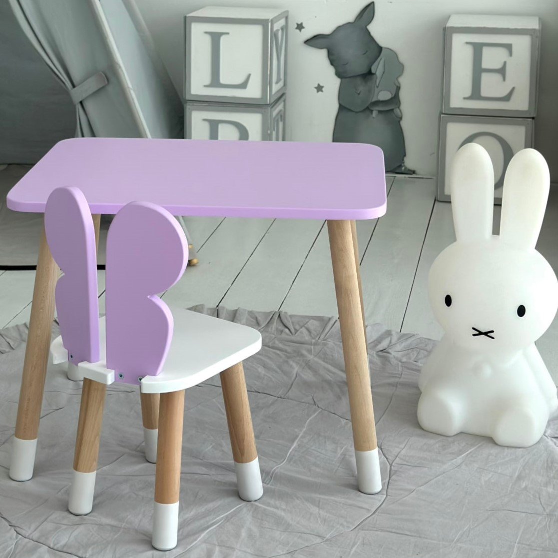 Дитячий стіл з дерева 46х60х45 і стілець метелика 26.5х26х25, стільчик та столик для дітей, фіолетовий з білим, фото 1