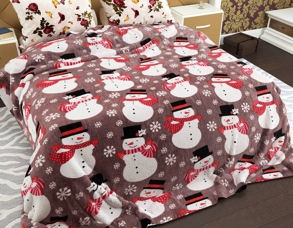 Новорічний двоспальний флісовий плед покривало 180х220 см коричневого кольору з малюнком сніговики