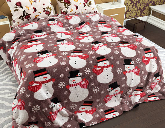 Новорічний флісовий плед покривало зі сніговиками 200х220 двоспальний євро розмір, коричневого кольору зі сніжинками, фото 1