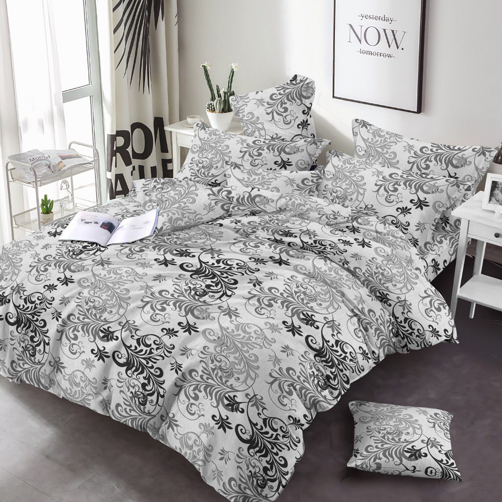 Бавовняна тканина сірого кольору 220 см для постільної білизни Фланель (байка) принт рослинний візерунок, у рулоні 25 м