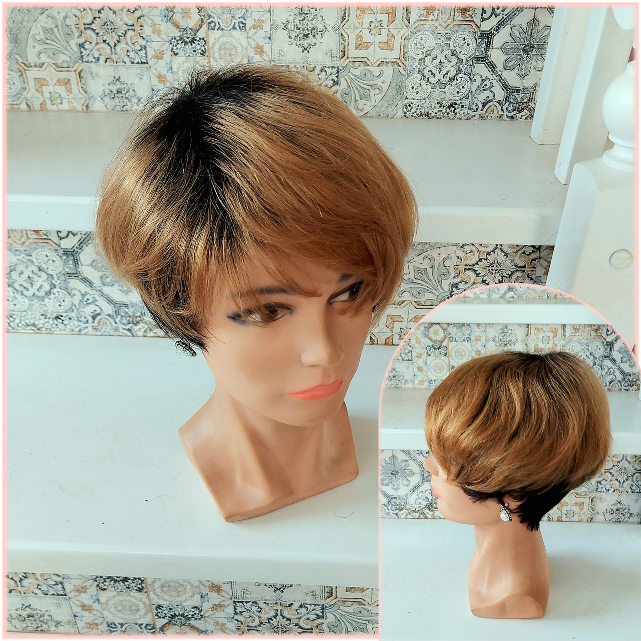 Перука коротка піксі з натурального волосся сивий омбре GLORIA - Y1B/27, фото 1