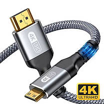 Кабель перехідник Mini HDMI — HDMI 4К 60Hz Aluminum Shell Gold-plated Neylon cord, 2 м, фото 3