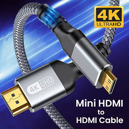 Кабель перехідник Mini HDMI — HDMI 4К 60Hz Aluminum Shell Gold-plated Neylon cord, 2 м, фото 1