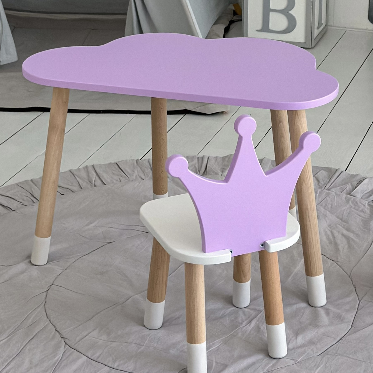 Дитячий столик хмаринка 46х70х40 та стільчик корона 26.5х26х25 для ігор та занять, фіолетовий з білим, фото 1