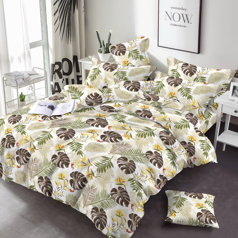 Бежева бавовняна тканина 220 см для постільної білизни Фланель (байка) набивна з принтом тропічне листя, рулон 25 м