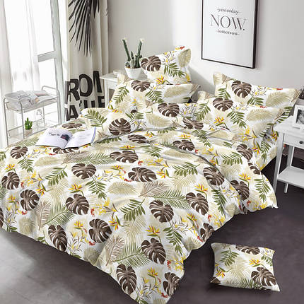 Бежева бавовняна тканина 220 см для постільної білизни Фланель (байка) набивна з принтом тропічне листя, рулон 25 м, фото 1