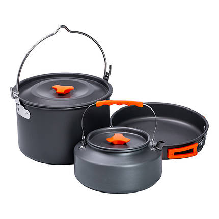 Набір туристичного посуду для походу і кемпінгу каструля, сковорода, чайник з чохлом на 3 предмети 21/18/22 см, фото 1
