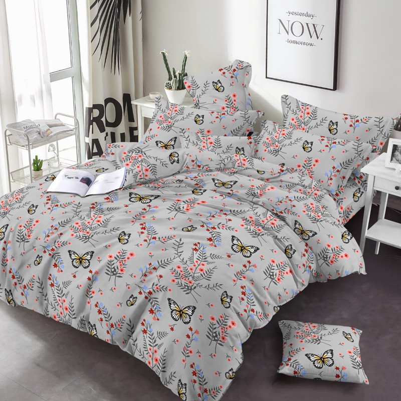 Постільна тканина 100% бавовна Фланель (байка) 220 см сірого кольору з принтом квіти та метелики, рулон 25 м