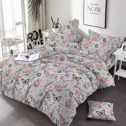 Постільна тканина 100% бавовна Фланель (байка) 220 см сірого кольору з принтом квіти та метелики, рулон 25 м, фото 1