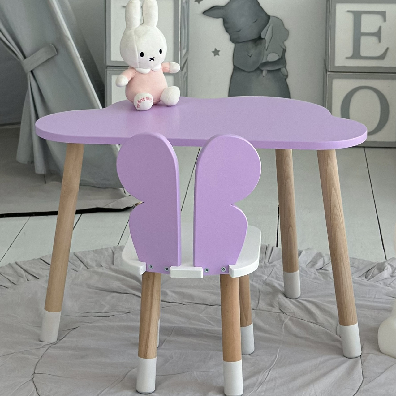 Дитячий набір меблів столик та стільчик, стіл в виді хмаринки 46х70х40, стілець в виді метелик 26.5х26х25, фіолетовий з білим, фото 1