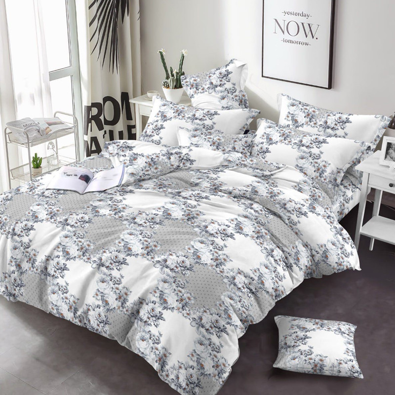 Світла тканина 220 см для постільної білизни Фланель (байка) біла набивна із сірим квітковим візерунком, рулон 25 м