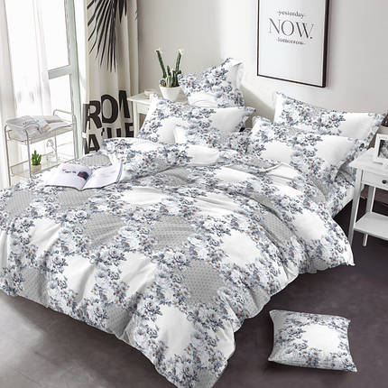 Світла тканина 220 см для постільної білизни Фланель (байка) біла набивна із сірим квітковим візерунком, рулон 25 м, фото 1