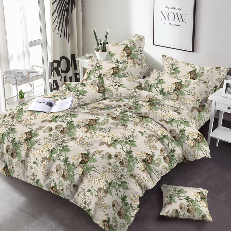 Постільна бавовняна тканина 220 см бежева Фланель (байка) з принтом бежеві квіти троянди, рулон 25 м